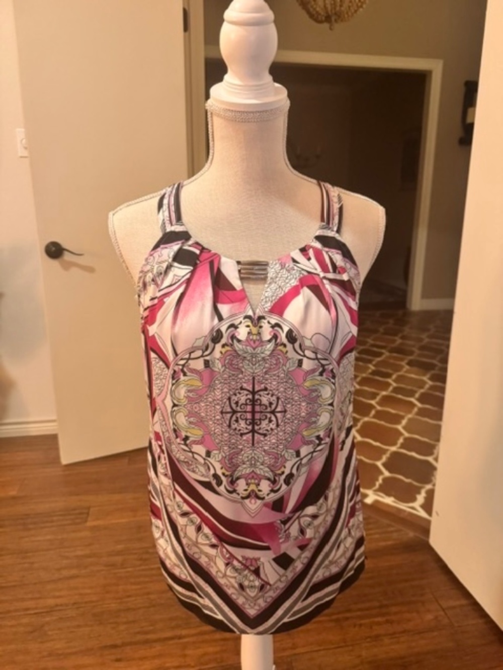 WHBM Pink Black Medallion Print Halter Top with Hardware Size 4